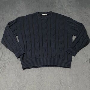 GU Grandpa Sweater Mens M Blue Cable Knit Crew Neck Pullover Preppy Japan Grunge